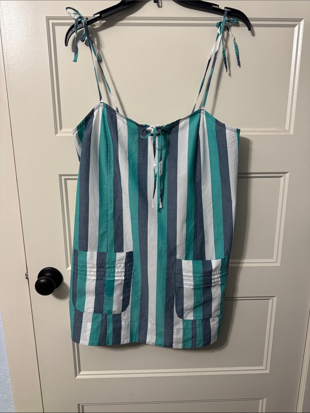 Anthropologie Striped Tie-Shoulder Mini Dress - Teal, Navy & White